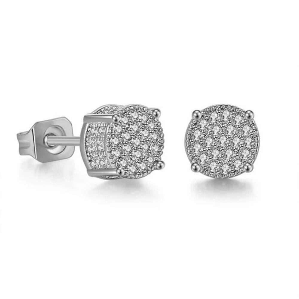 White Gold Plated Pavé Round Cubic Zirconia Stud Earrings. New.